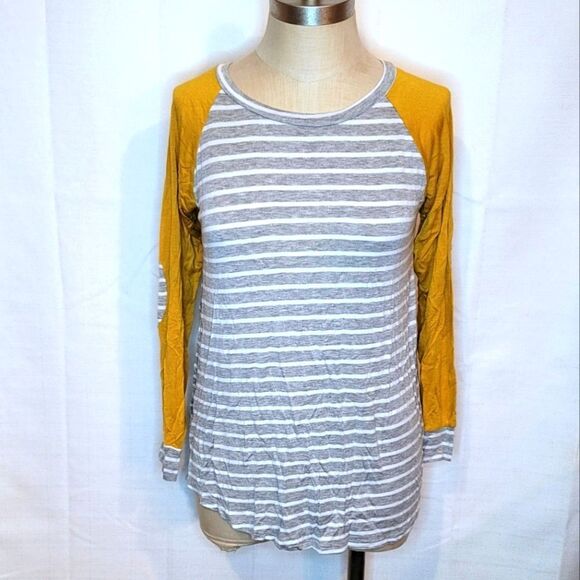 Auditions Top Elbow Patches Mustard Yellow Gray White Stripes Size Small - Picture 1 of 8